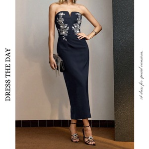 スパンコールフラワー刺繍タイトワンピース W0127