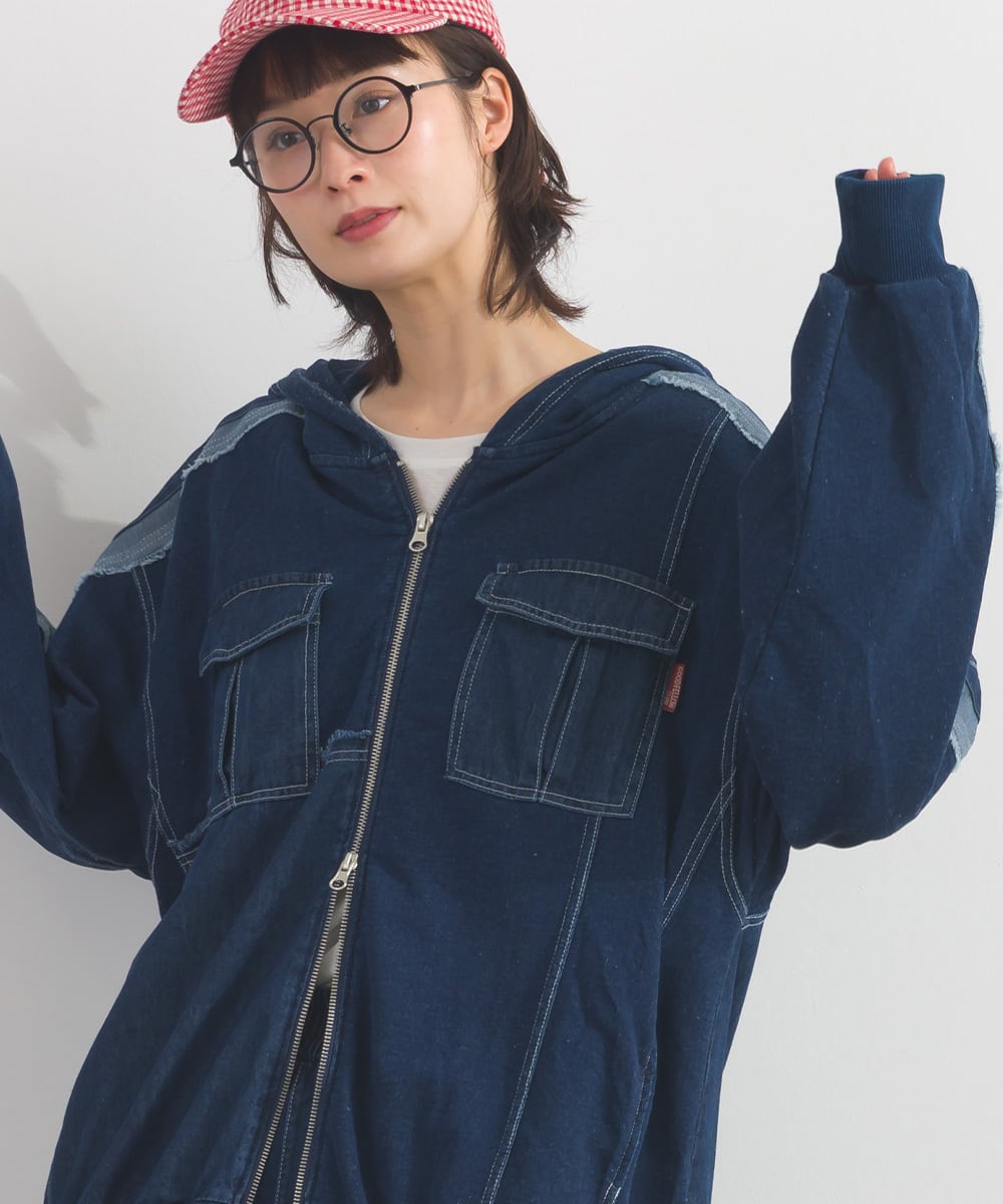 K261012 デニム切り替えZIPパーカー / Denim-Look Panel Zip Hoodie