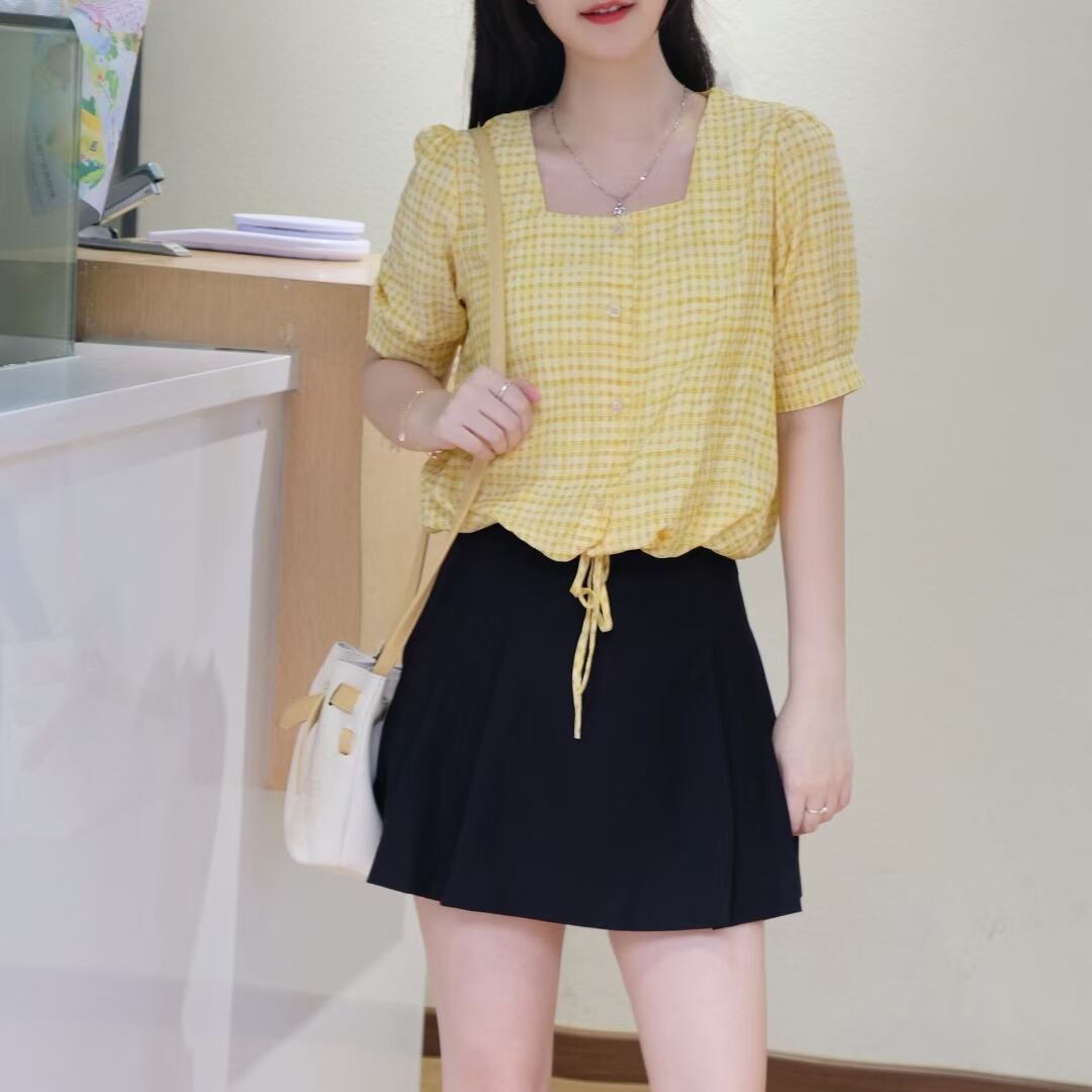 ギンガムチェックスクウェアネックブラウス　AJ3346-8049