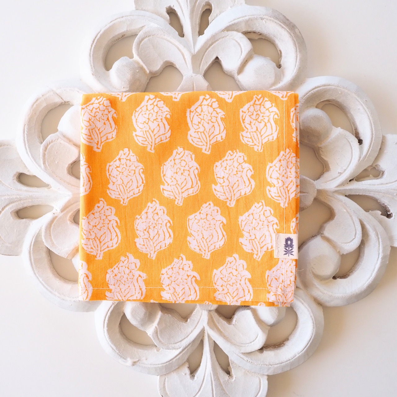 ブロックプリント ハンカチ 小花柄 黄色×白［50×50cm］#00602-YL3