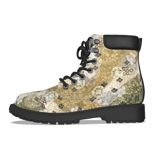 和紋様　木蘭色　和柄ユニセックスヴィーガンレザーブーツ