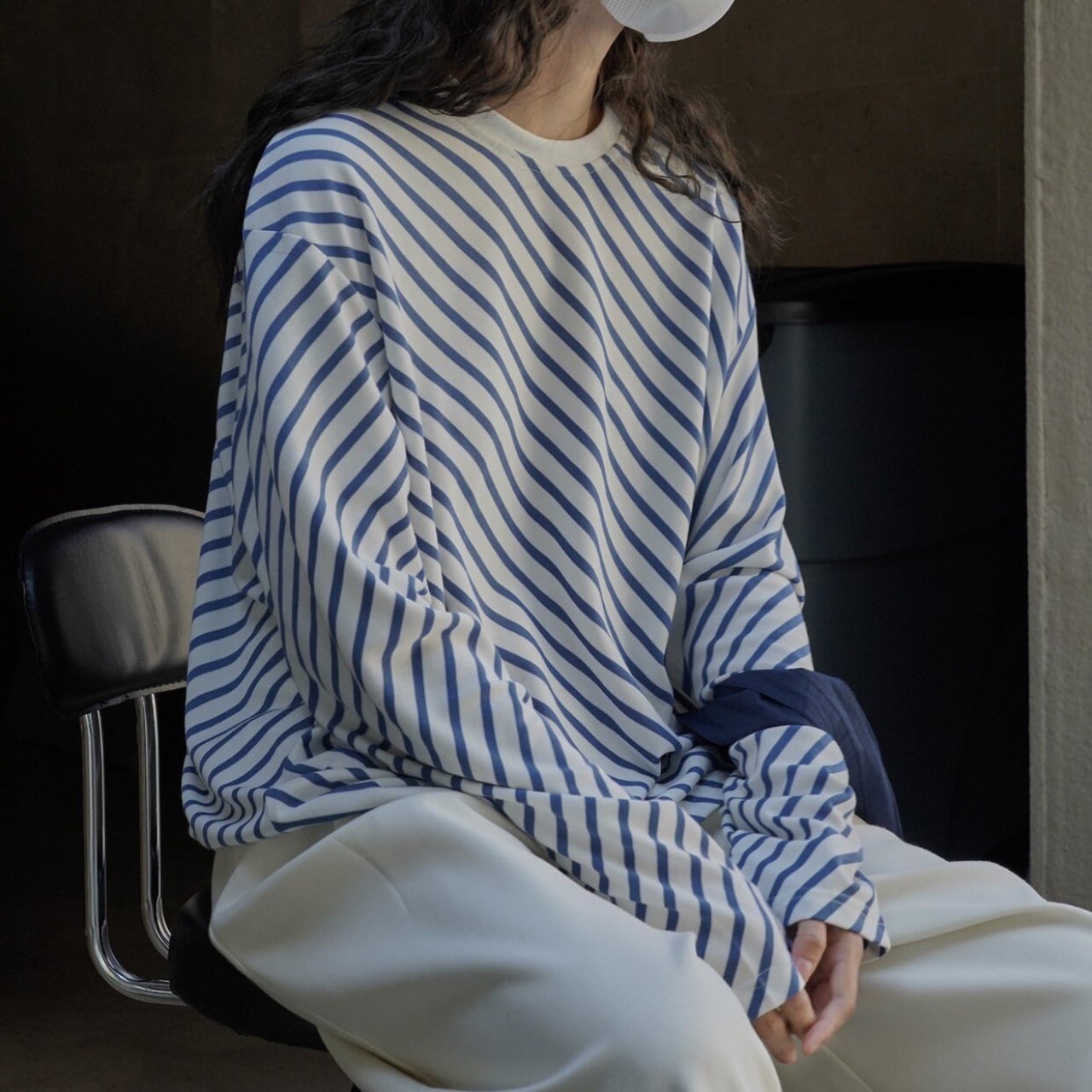 ダイアゴナルストライプルーズロングTシャツ A02025