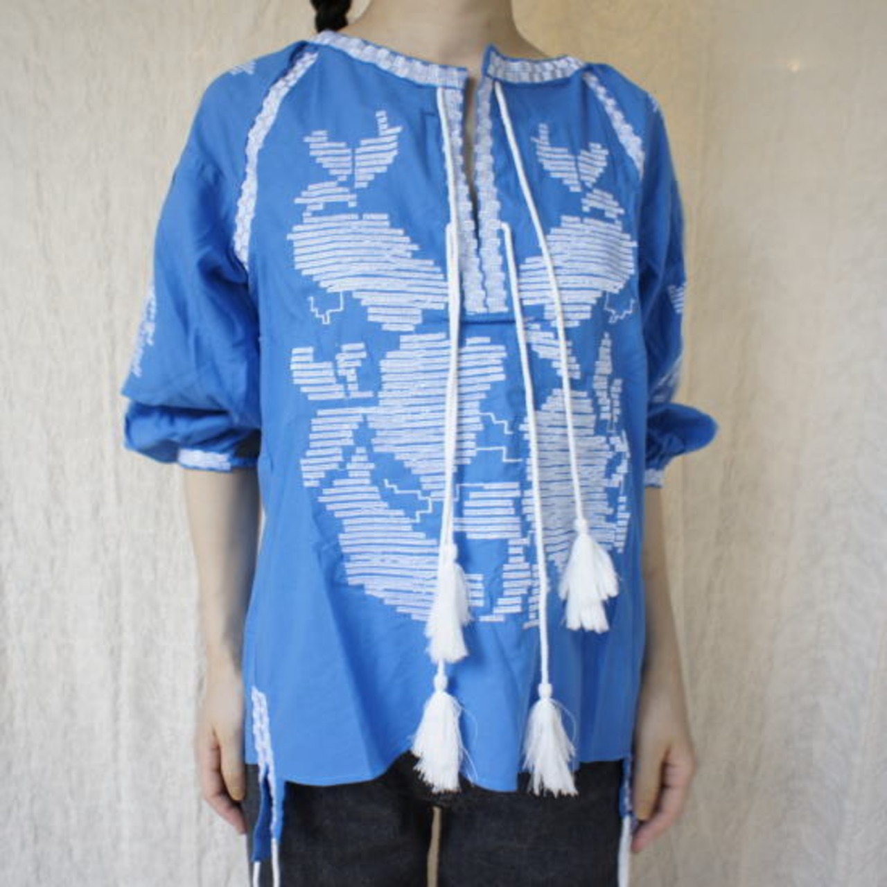 Topanga Fashion エンブロイダリーカフタンブラウス　ブルー【SALE】