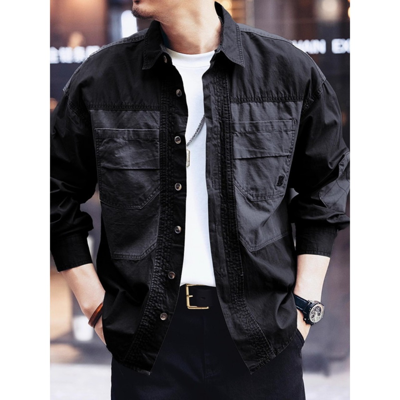 Long Sleeve Button-Down Shirt with Patch Pockets ◇3color H0752