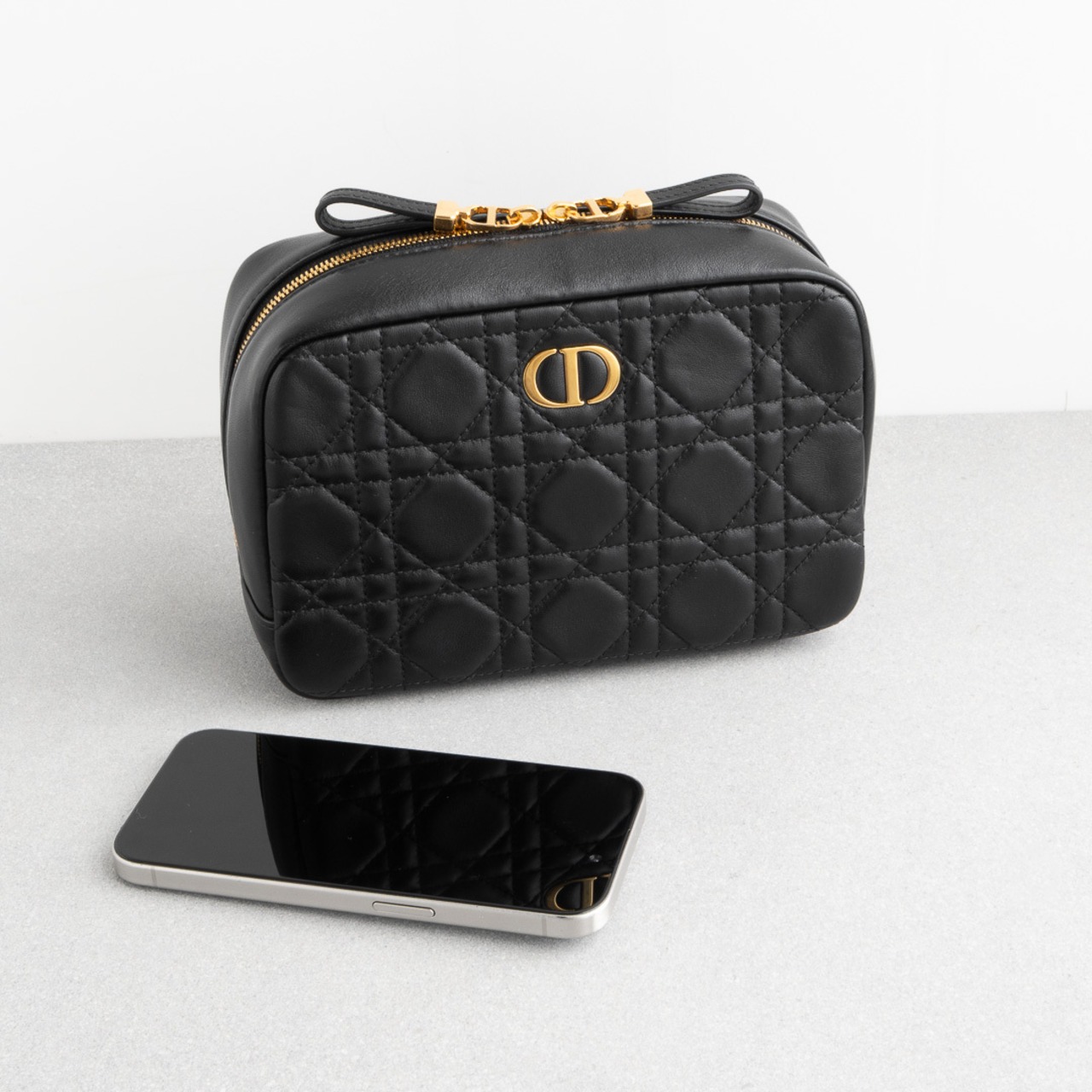 クリスチャンディオール カロ ポーチ カナージュ ラムスキン ブラック レザー