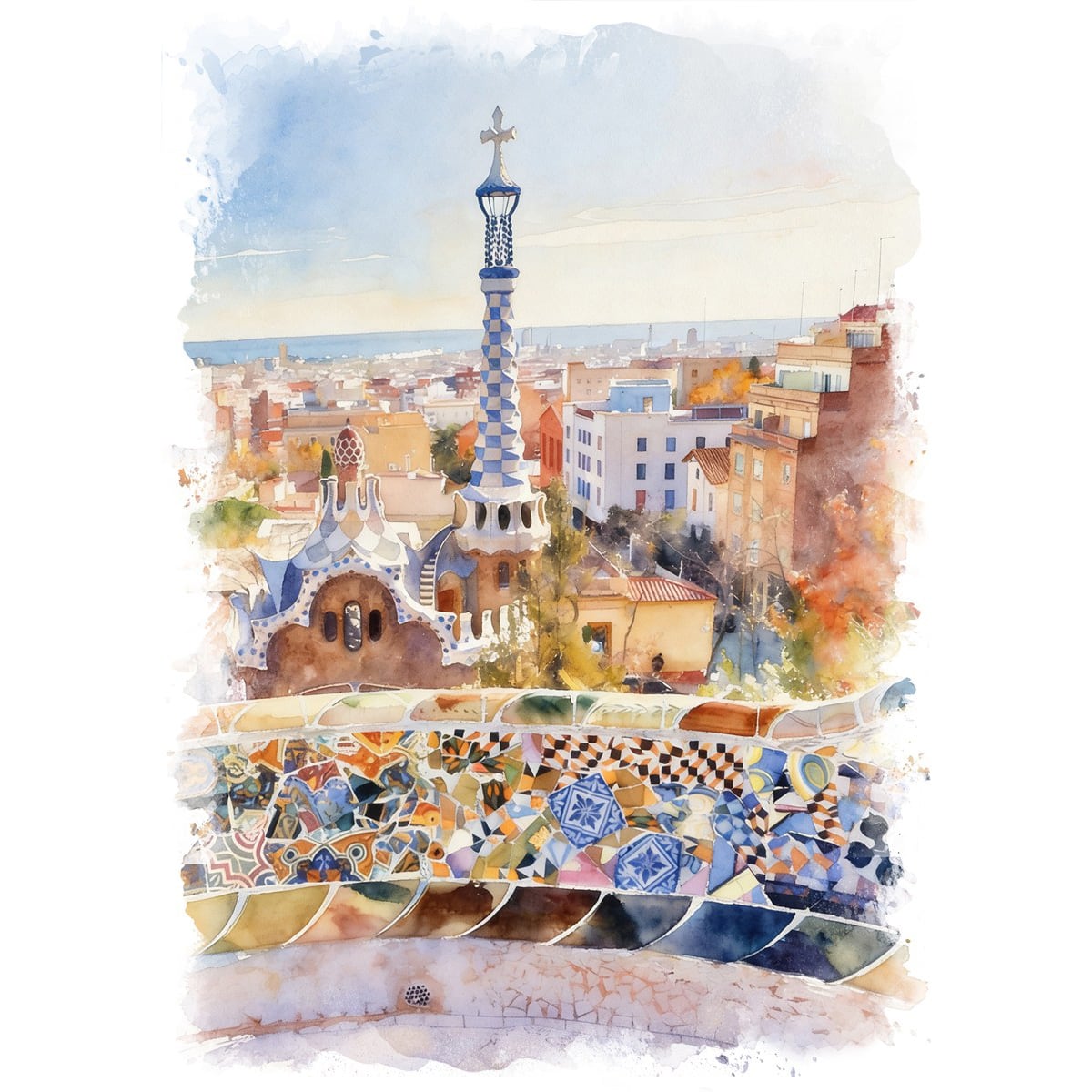 絵画 風景画(街並み) スペイン バルセロナ グエル公園 インテリア