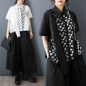FLOWER PRINT STITCH HALF SLEEVES DESIGN SHIRT 2colors M-16694
