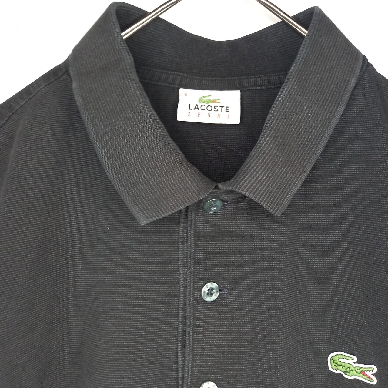 ラコステ　ポロシャツ　半袖　3つボタン　刺繍ロゴ　無地　オーバーサイズ　黒