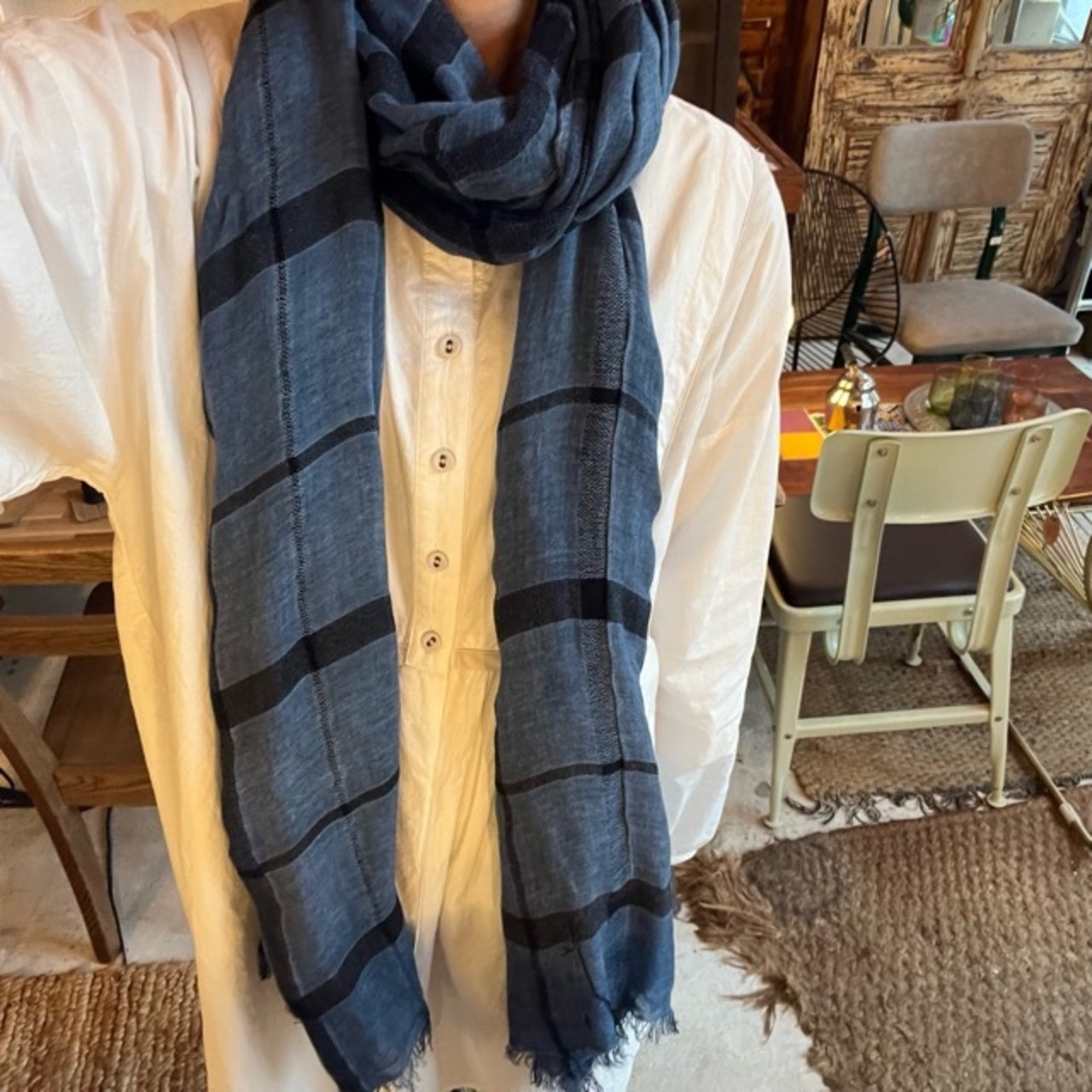 TOPANGA Accessory　Cotton & Linen Scarf　CHECK　Blue　コットン＆リネンスカーフ　チェック　ブルー　scarf　スカーフ　