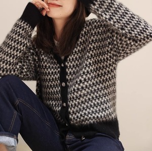 チェック柄 Vネックカーディガン W01148