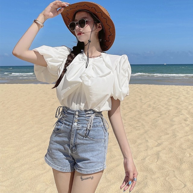 スタンダードリボンホワイトブラウス サマースリーブシフォンシャツ レトロ 夏物 ガールズファッション47086388093