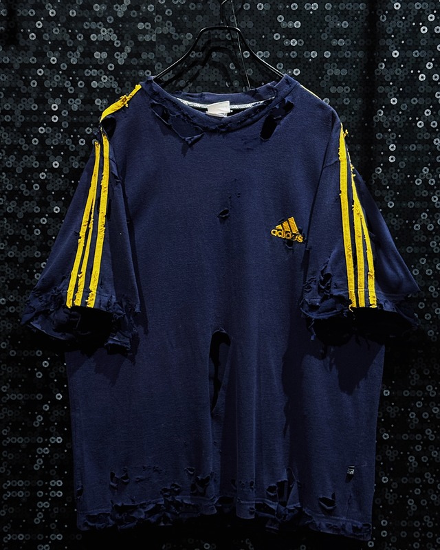 【ÆIEM】original “boro” remake adidas performance three stripes damage TEE - Navy × Gold