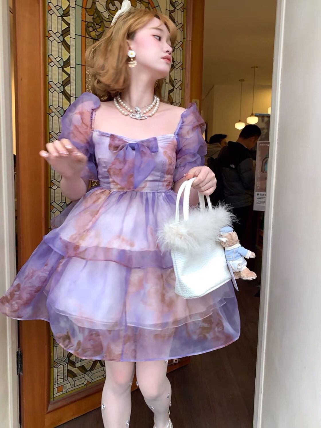 紫 ワンピース ドレス リボン ハート 花柄 ブラウス フラワー 水色 