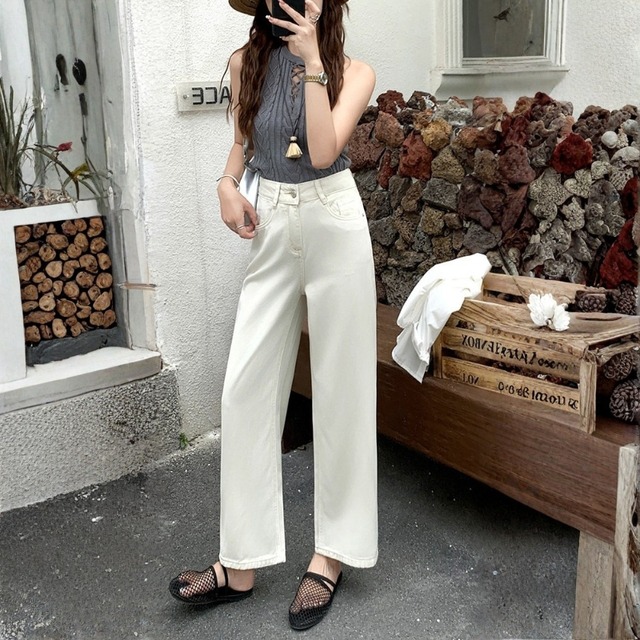 ハイウエスト ワイドレッグ ストレート デニムパンツ ◆2color　204603