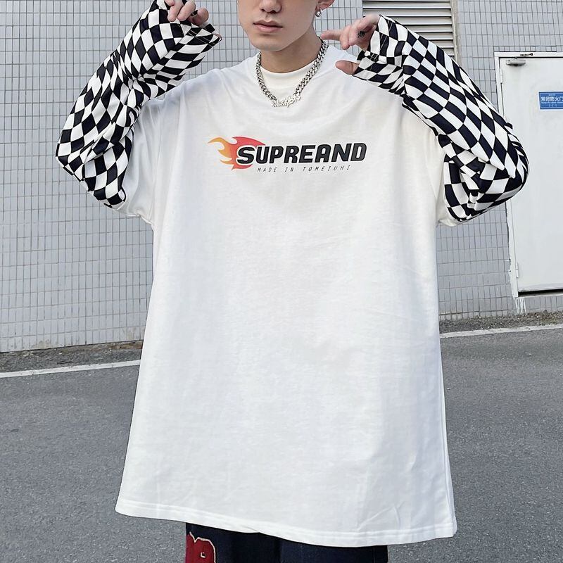 フェイクツーピース 長袖 Tシャツ チェック柄スリーブ レタープリント ラウンドネック オーバーサイズ メンズ 韓国ファッション E234 Eaglerose イーグルローズ 韓国メンズファッション通販サイト