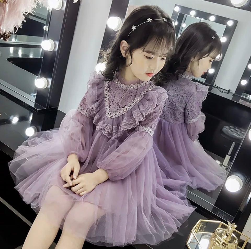 パープルチュールドレス……….キッズフォト ワンピース パール レース 海外子供服 韓国 パーティー