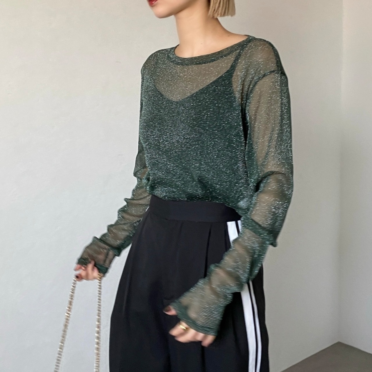 glitter sheer crewneck tops/green