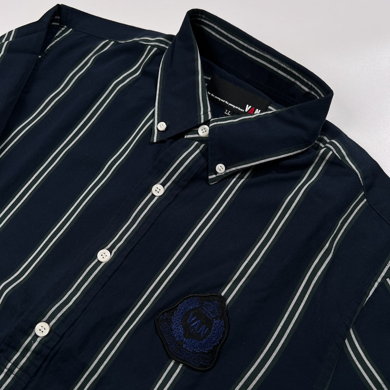 VAN JAC ヴァンヂャケット ワッペン付き ストライプ プルオーバー BD 長袖シャツ サイズ LL /ネイビー×グリーン/メンズ