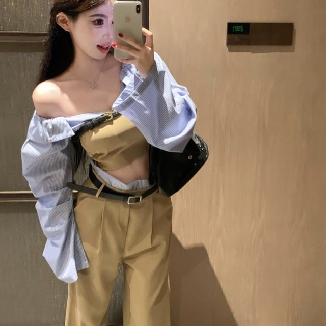 予約販売】セットアップ レディース オフショルダー パンツ ベージュ