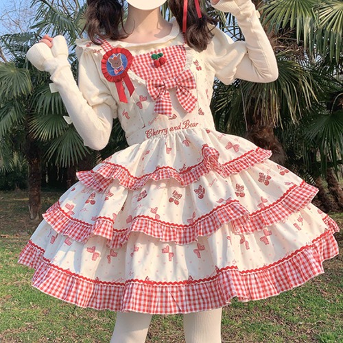 ゆめかわ♡3段フリルギンガムチェックリボンJSK　wanpi113★