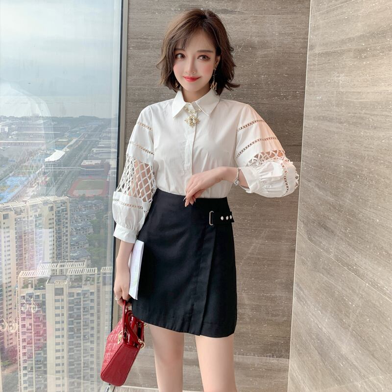 スリーブシャツ Aラインリング ボタンソリッド カラースカート サマー ランタンスリーブ 夏物 指輪 ソリッドカラー MIUCO9137574193