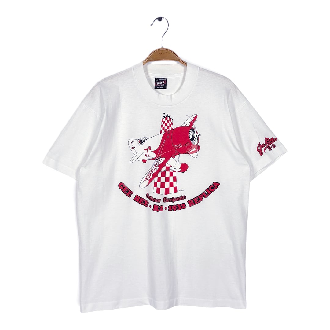 90s エアレース GEE BEE R2 飛行機 USA製 ヴィンテージ Tシャツ ホワイト シングルステッチ フルーツオブザルーム サイズL 古着 BZ0570