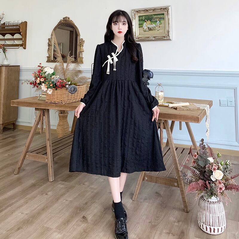 韓国 ファッション ワンピ レトロ チャイナ風 ハイウエスト ネックリボン 病み可愛い 大人 ゴシック 甘め オルチャン 10代 代 サブカル系専門店 Ladies Fashion Seasonz