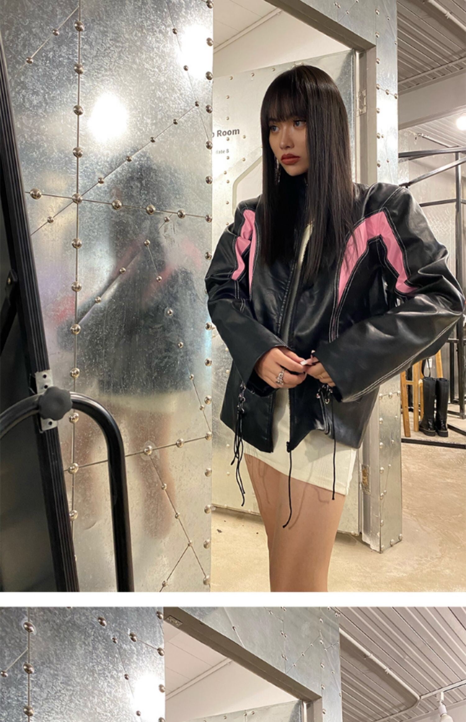 ジャケット 黒 ピンク 革ジャン レザー風 ジャケット ピンク アウター