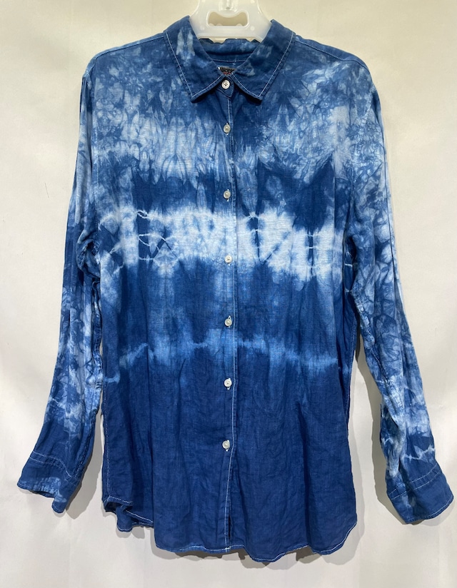 藍染ブラウス/前あき/長袖/麻/L[aib602-121]送料無料