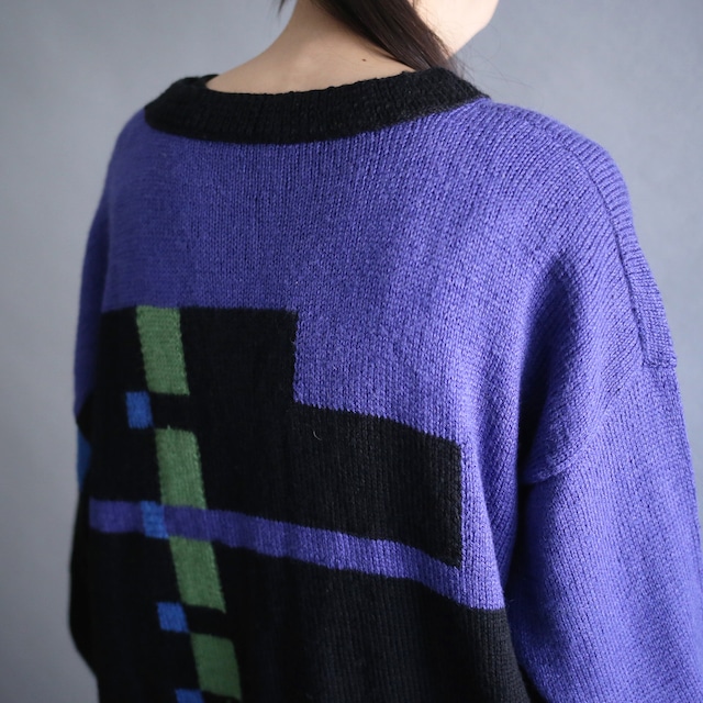 "初号機" good coloring square pattern loose silhouette sweater