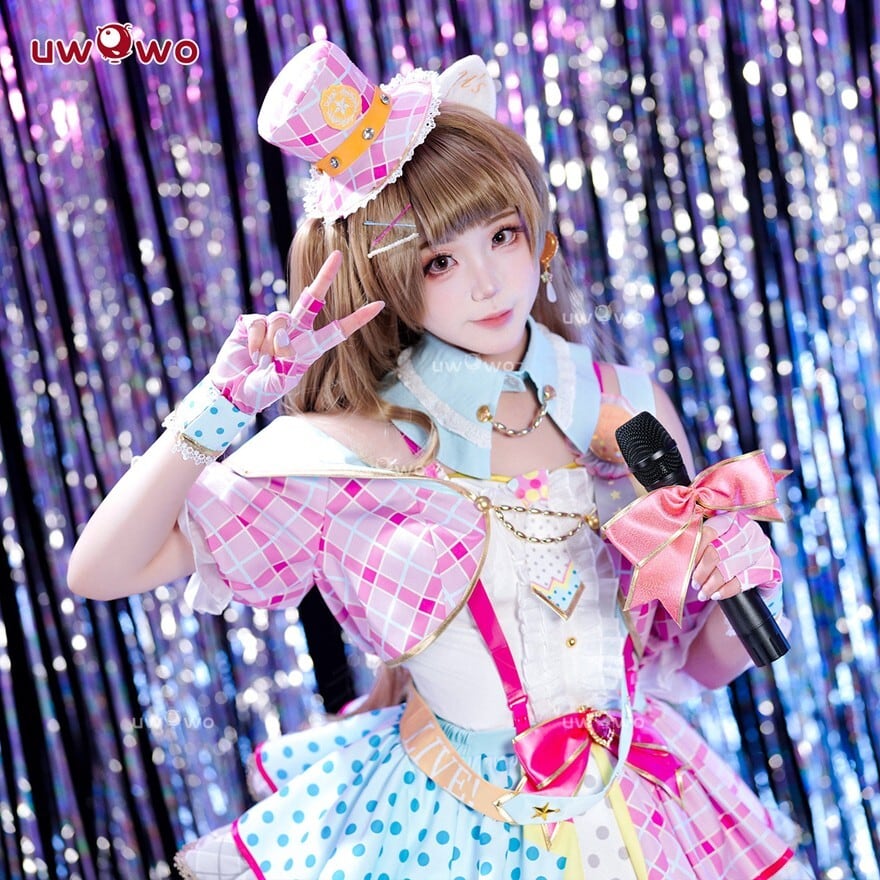 参戦服・ライブ衣装 猫耳しっぽ付きピンクチェックアイドルフルセット