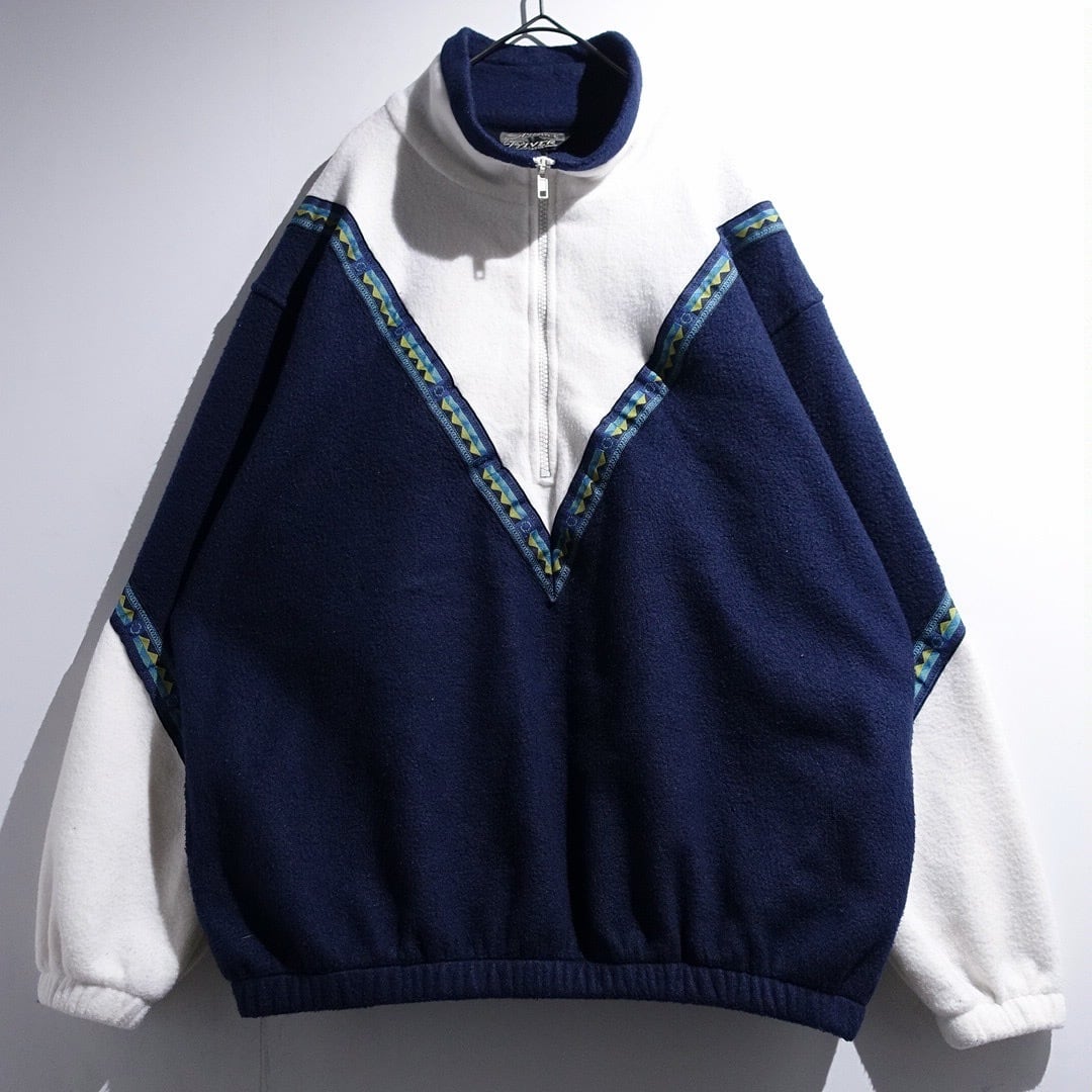 White & Navy Tyrolean Tape-Trimmed Half-Zip Fleece