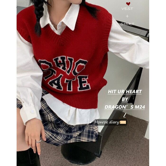 セーター オータムウィンターレッドVネックニットルーズトップス 秋物 冬物 モンロー46055289934