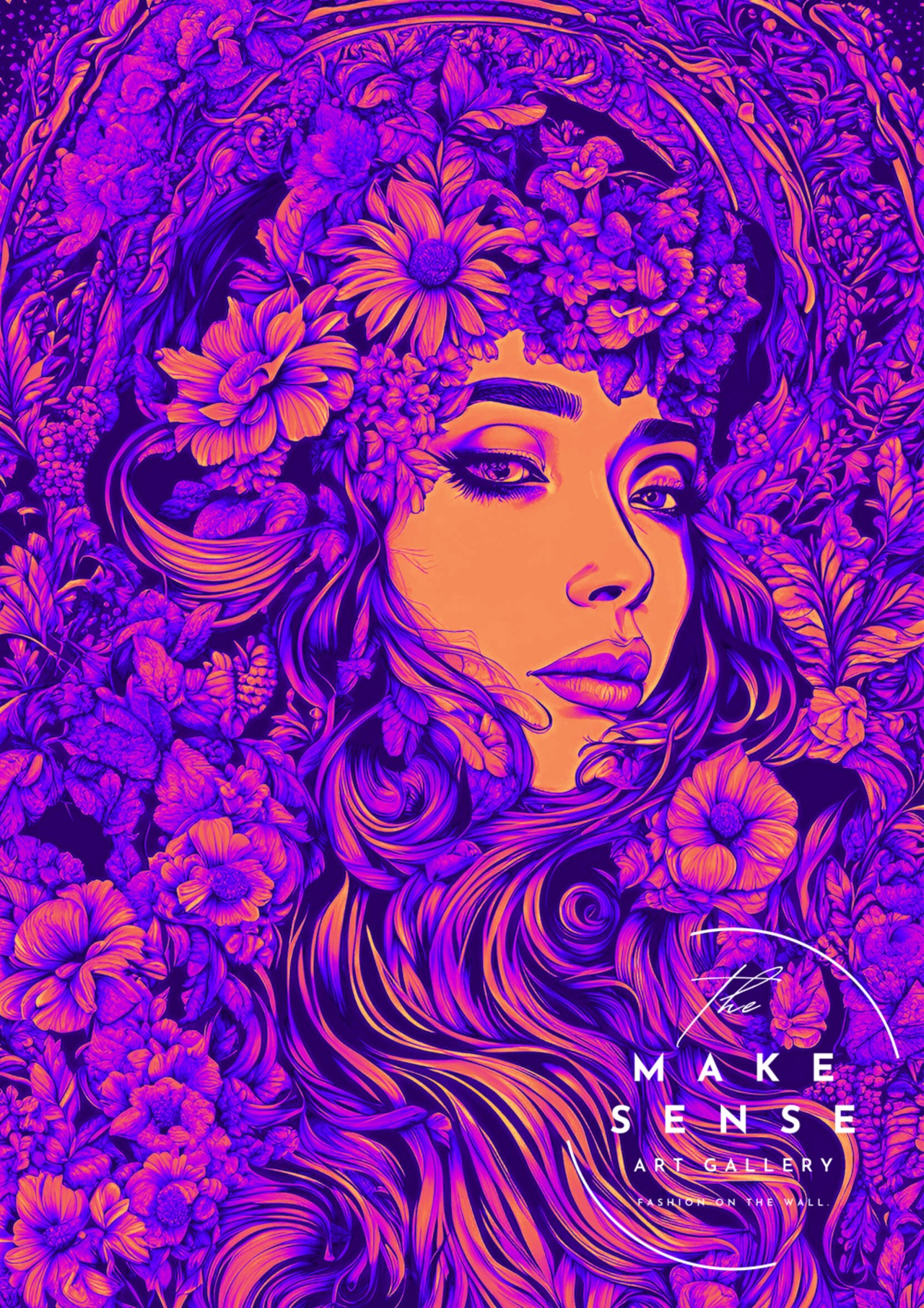 Violet Muse｜花と女性が溶け合う幻想的アートポスター｜パープルとオレンジのコントラストが魅せる優美なインテリアA3ポスター