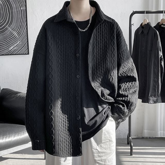 【予約販売】シャツ 長袖 エンボス加工 ツイスト柄 メンズ オーバーサイズ ブラック ホワイト カジュアル ストリート こなれ感 お洒落 韓国 トレンド 秋冬 M/L/XL/2XL/3XL/4XL/5XL