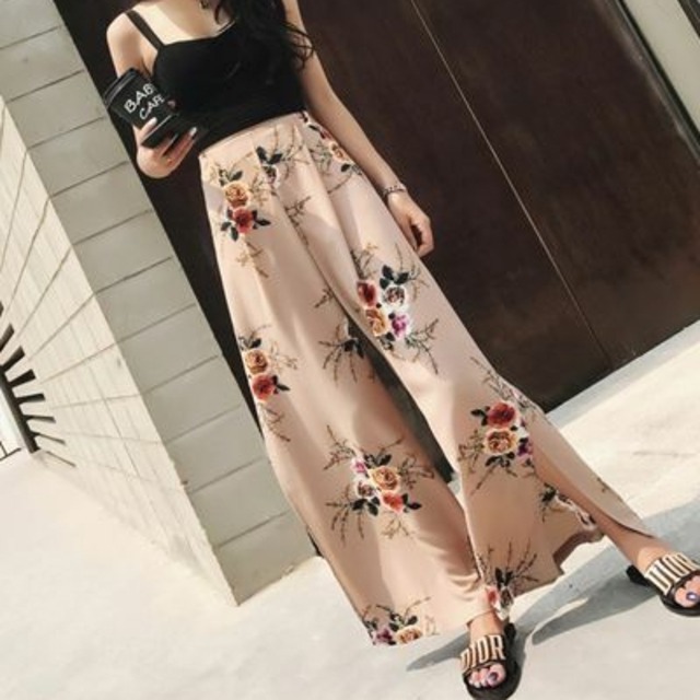 セール!! 花柄 シフォンワイドパンツ スリット レトロ【即納】