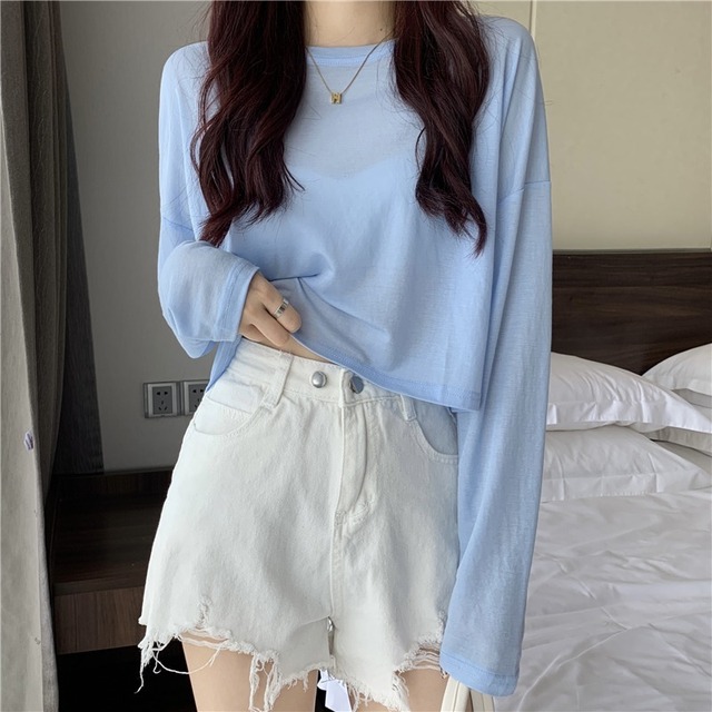 サマーシャツルーズラウンドネック薄手 ロング 夏物 Oネック Tシャツ 1号婦人64895405378