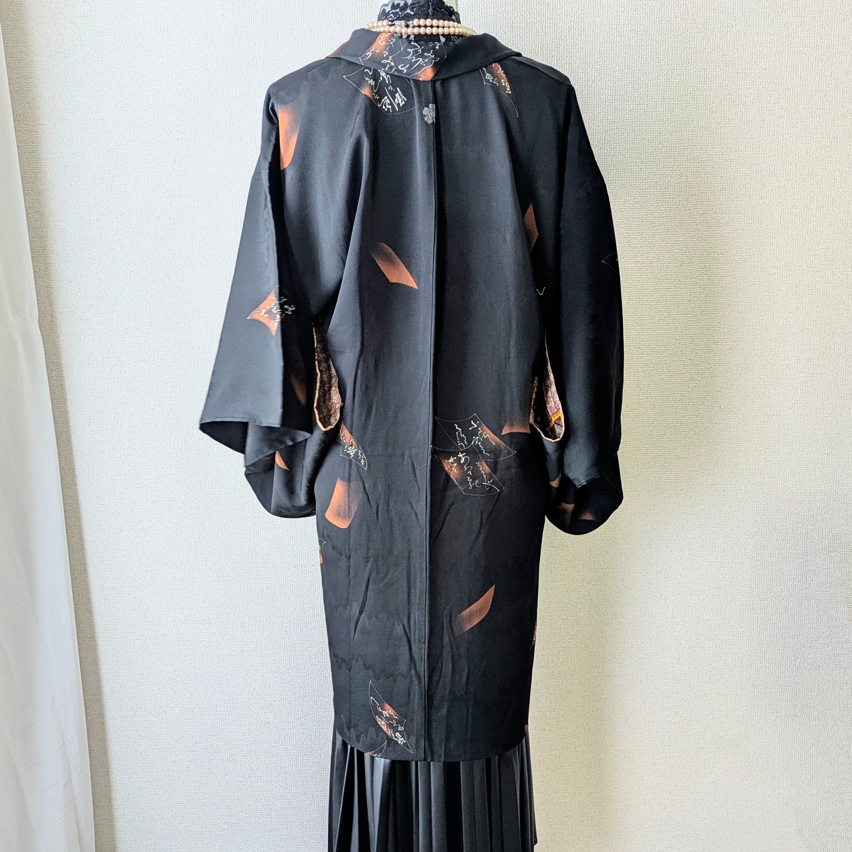 Vintage】HAORI 羽織 正絹 黒 百人一首柄 大正浪漫 古布 時代布 和洋