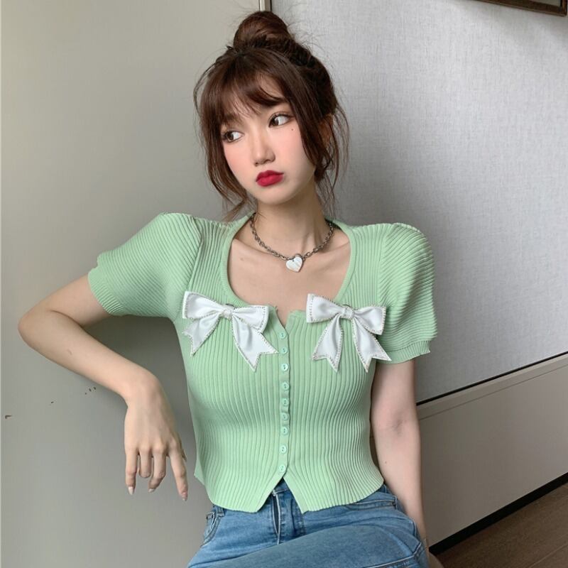 サマースタイルショートスリムリボンニットトップス 夏物 ハンチェンe86024892477