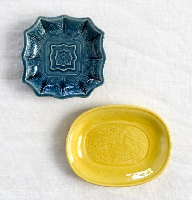 44428】 珉平焼 楕円豆皿 レモンイエロー（1枚） 明治 / Minpei Yaki