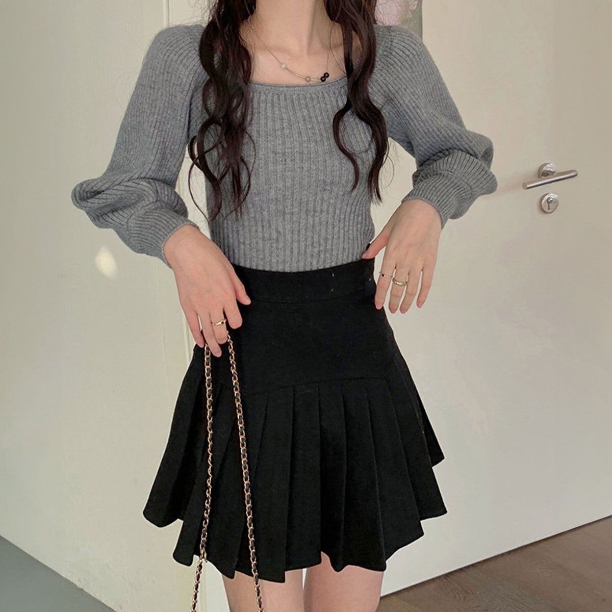 リブニット セーター スクエアネック レディース 秋冬 韓国 きれいめ 大人 かわいい カジュアル おしゃれ ゆったり 暖かい ニット 長袖 ぽわん袖 大人可愛い 大人女子