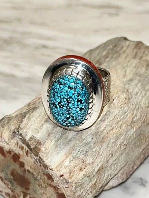 navajo Michael Perry coral inlay kingman turquoise silver ring