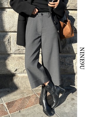 stripe eight-quarter wool wide-pants 2color【NINE6992】