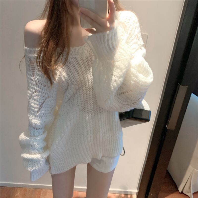 中空モヘア怠惰な白いゆったりとしたアウターセーターの女性2020年秋冬の新しいVネックセータートップ ブラックストロベリース16917789187