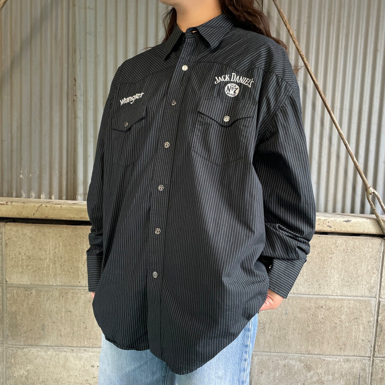 WRANGLER ラングラー 企業ロゴ刺繍 ストライプ ウエスタンシャツ 