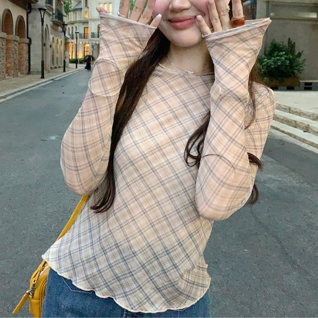 check sheer long sleeve top J00171