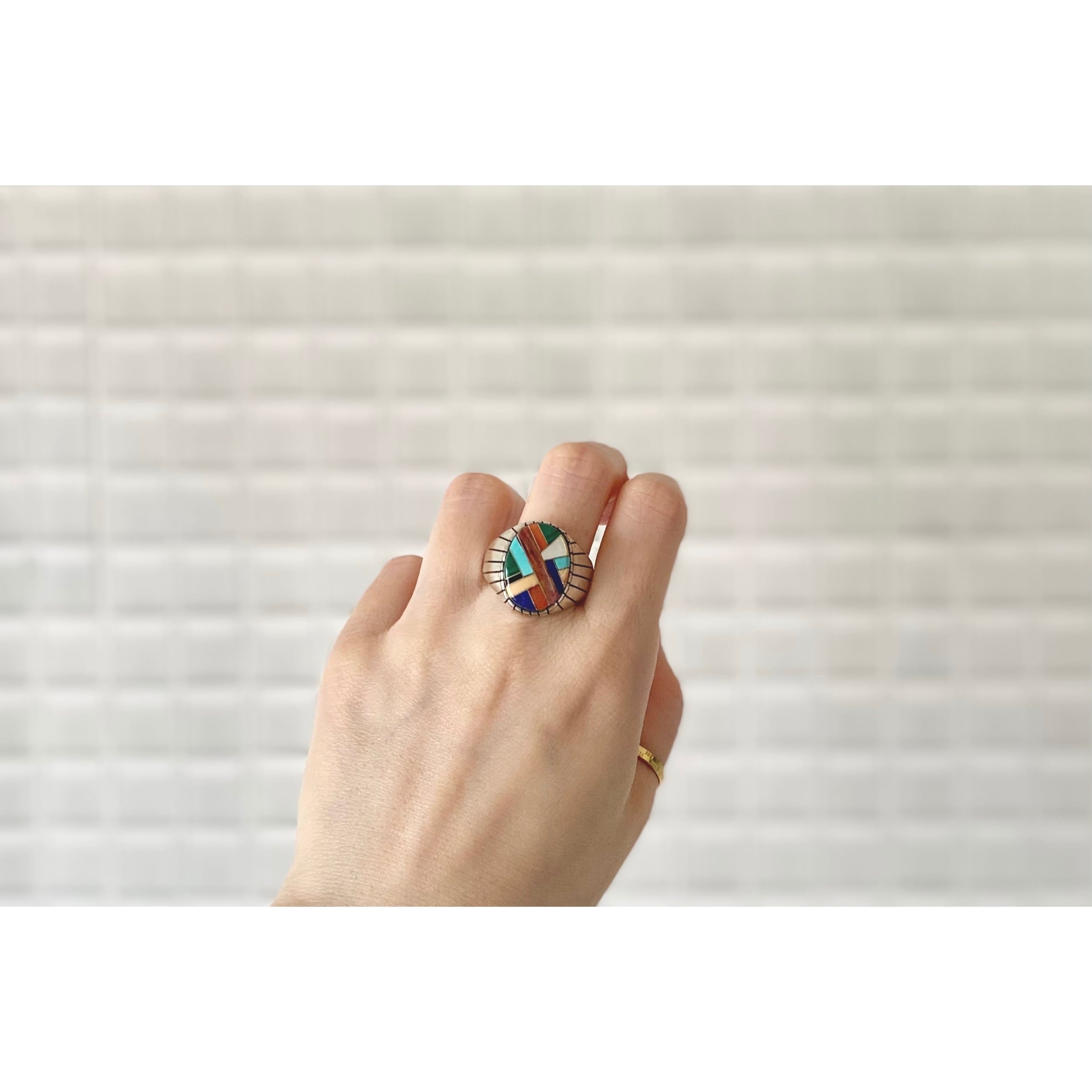 Vintage 70s〜80s USA silver 925 colorful stone artistic inlay ring