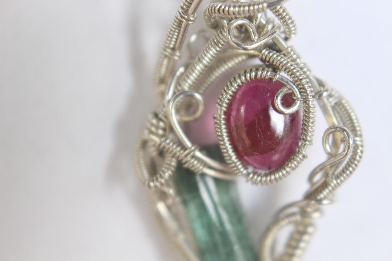 Green & Pink Tourmaline silver925 wire wrapping pendant