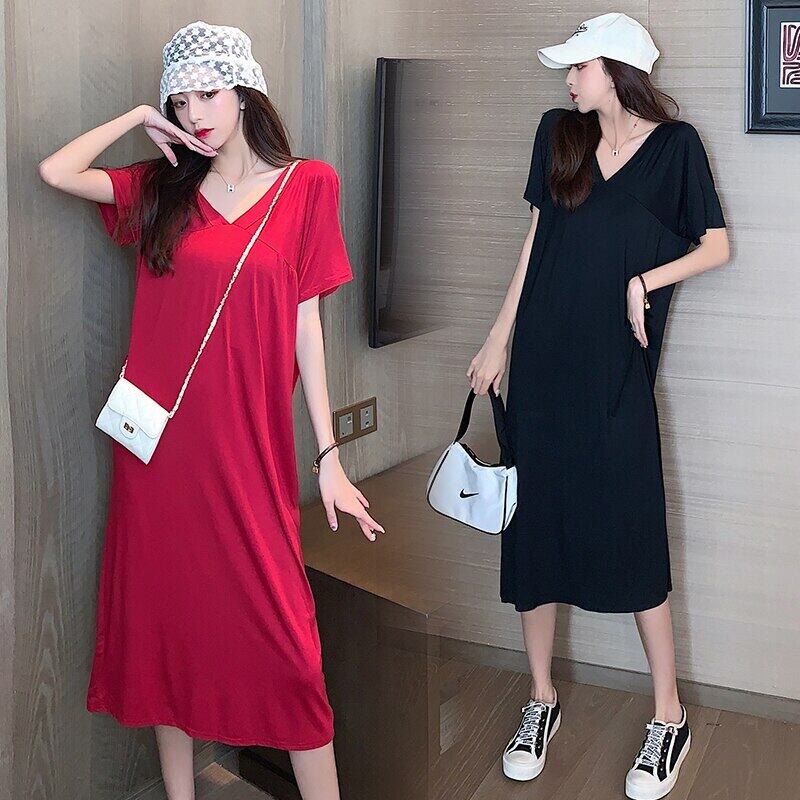 【新作】【送料無料】 117＃マタニティ服サマーVネック半袖イージーマッチングルーズスタイリッシュドレス妊婦妊婦服 ショート ハーフスリーブ 夏物 AL expec336486705173