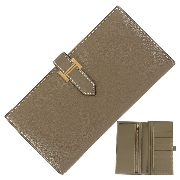 Unused HERMES エルメス ベアンスフレ シェーブル エトゥープ ゴールド金具 B刻印 二つ折り長財布 未使用品